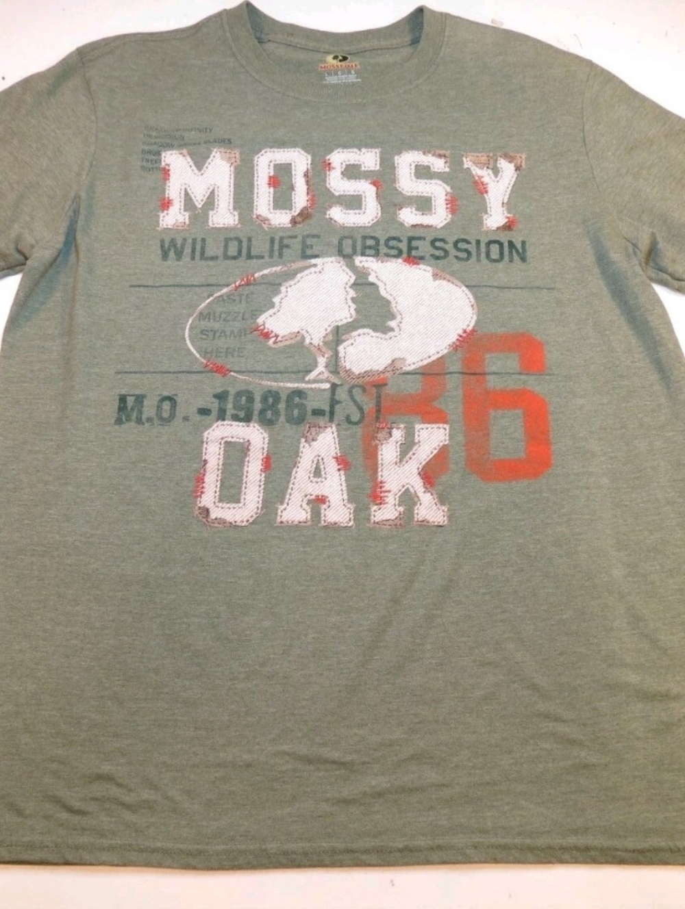 Mossy Oak Vintage Short Sleeve Tee in Sage Green with Orange Accent Size XL